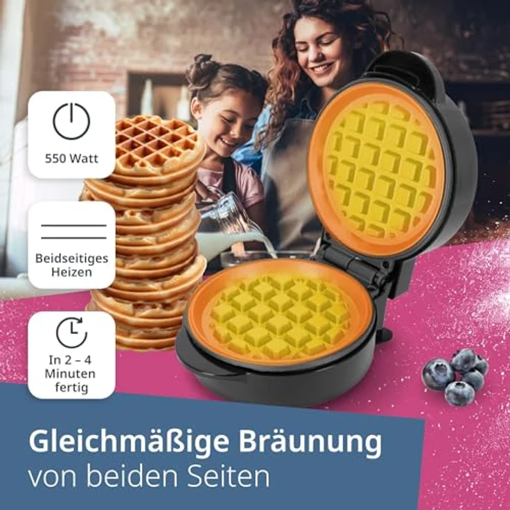 ADE Mini Waffeleisen | belgische Waffel runde Form | perfekt für eine Person, Party, Kindergeburtstag | hochwertige Antihaftbeschichtung | 550 W | schwarz – Bild 5