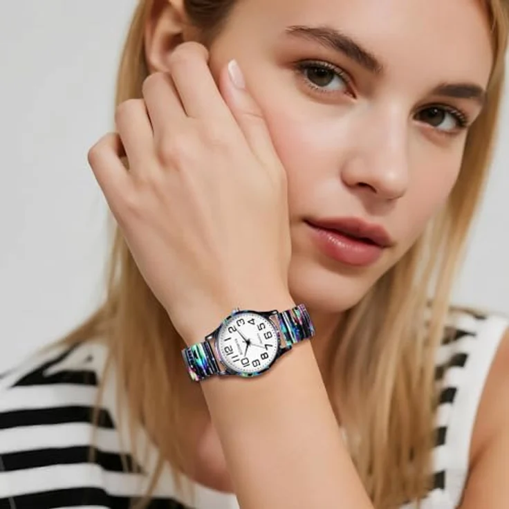JewelryWe Damenuhr Halloween Teufelaugen, Elastische Quarz-Armbanduhr mit Edelstahl Stretcharmband und Großem Ziffernblatt, Ideal für Senioren und Halloween-Fans – Bild 2