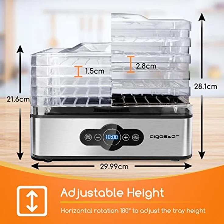Aigostar Crispy - Dörrautomat, Dörrgerät mit Temperaturregler, 240W, 35-70°C, 99h-Timer, 5 Einlegefächer, Dörrautomat Edelstahl für Fleisch, Obst, Gemüse, Dehydrator - BPA frei – Bild 5