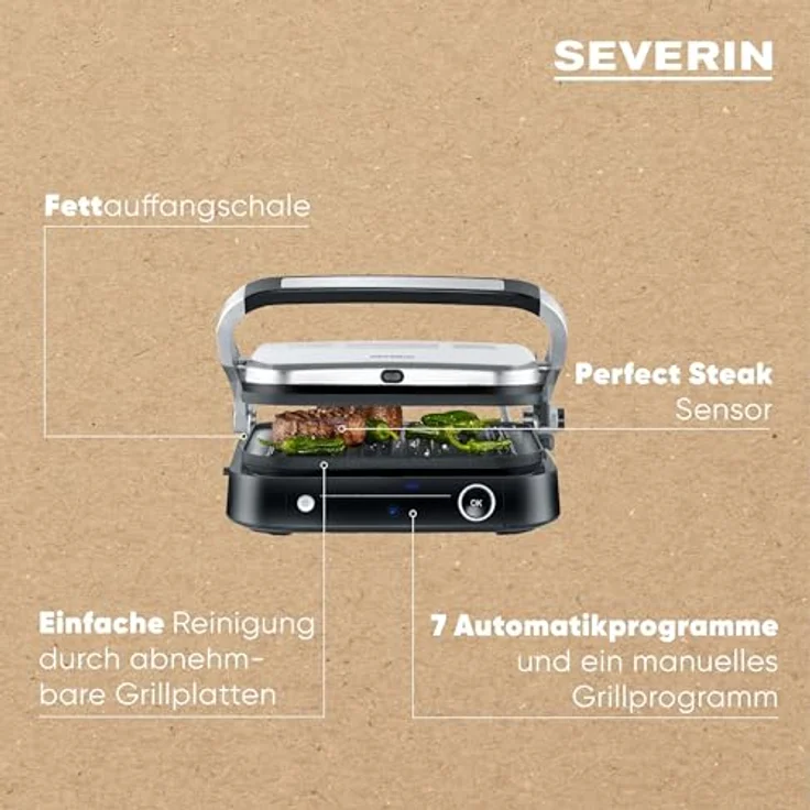 SEVERIN SEVINI PRO Kontaktgrill für Sandwiches, Steak und als Panini Grill, antihaftbeschichtet, 7 Automatikprogramme, 1800 W, schwarz/silber – Bild 4