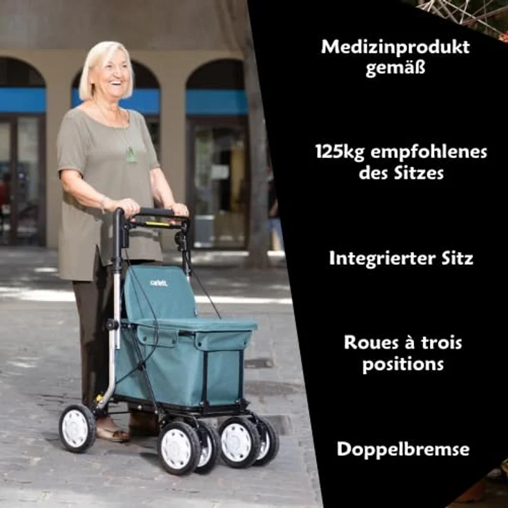 Carlett Rollator und Einkaufstrolley mit Sitz, höhenverstellbarer Griff, Parkbremse, robuste Aluminiumkonstruktion, 3 Positionen Räder, Hellgrau – Bild 2