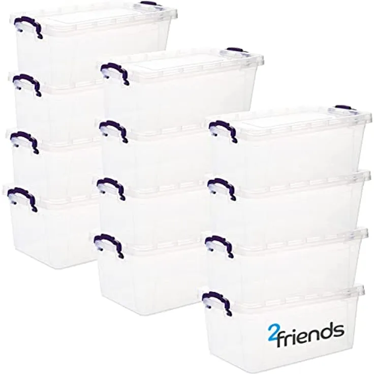 Aufbewahrungsbox mit Deckel Klein, 12 Stück Stapelbar Aufbewahrungsboxen, 1,7 Liter Boxen Aufbewahrung, Plastikbox mit Deckel, Transparent Kisten Aufbewahrung mit Deckel und lila Griffen, Model: Ella