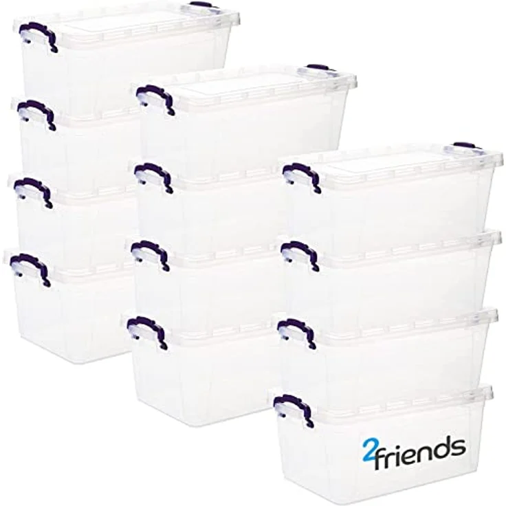 Aufbewahrungsbox mit Deckel Klein, 12 Stück Stapelbar Aufbewahrungsboxen, 1,7 Liter Boxen Aufbewahrung, Plastikbox mit Deckel, Transparent Kisten Aufbewahrung mit Deckel und lila Griffen, Model: Ella – Bild 1