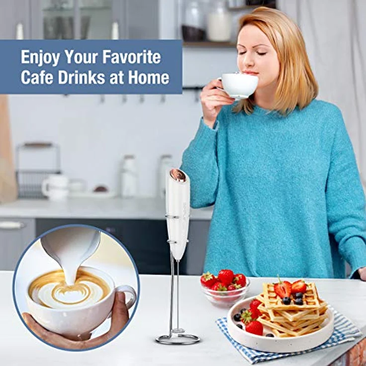SIMPLETASTE Milchaufschäumer Handheld, Elektrischer Schaumbereiter aus Edelstahl mit Ständer, batteriebetrieben für Cappuccino, Latte und mehr – Bild 3