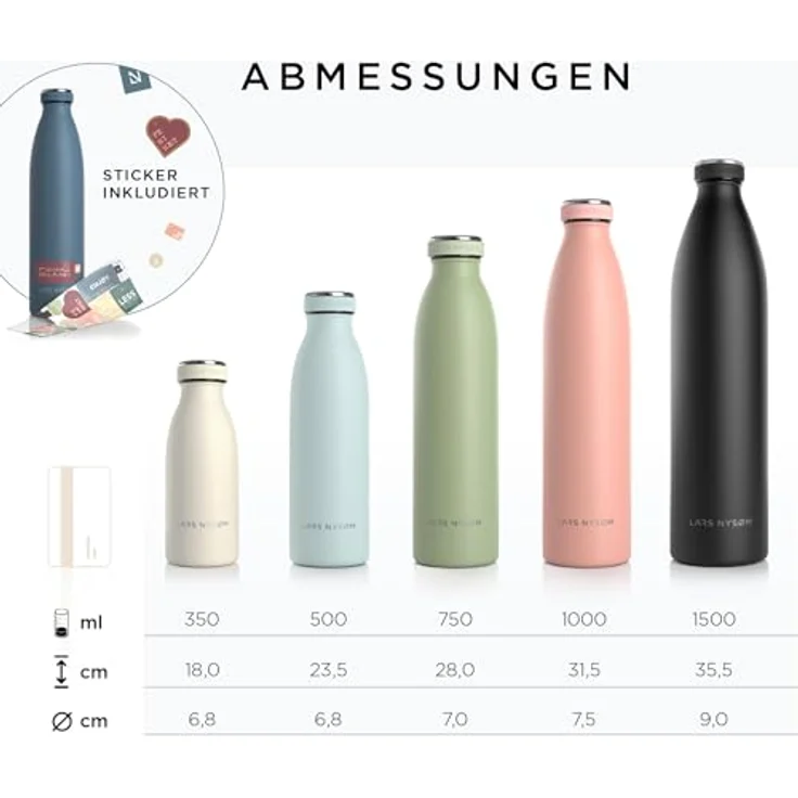 LARS NYSØM Edelstahl Trinkflasche 350ml, 500ml, 750ml, 1L, 1 5 liter | BPA-Frei Thermosflasche Kohlensäure geeignet | Auslaufsichere Wasserflasche für Sport, Outdoor, Schule (Niagara, 350ml) – Bild 4