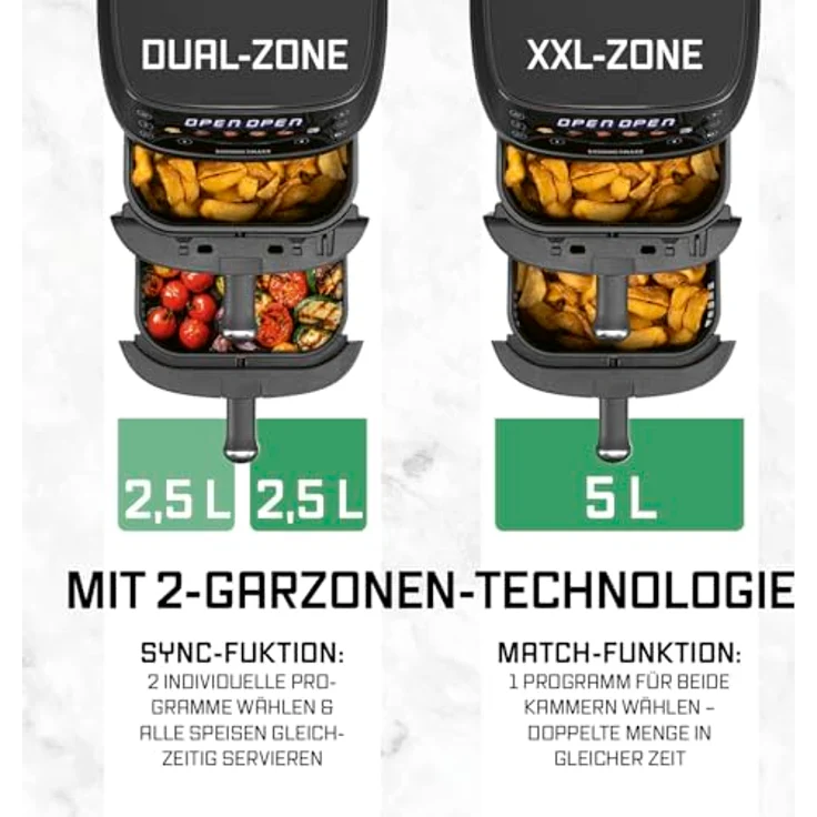 GOURMETmaxx FryUp XS, Vertikale Doppelkammer Heißluftfritteuse mit 5 L Volumen, MultiColour-LED-Touchdisplay, 6 One-touch-Programme – Bild 5