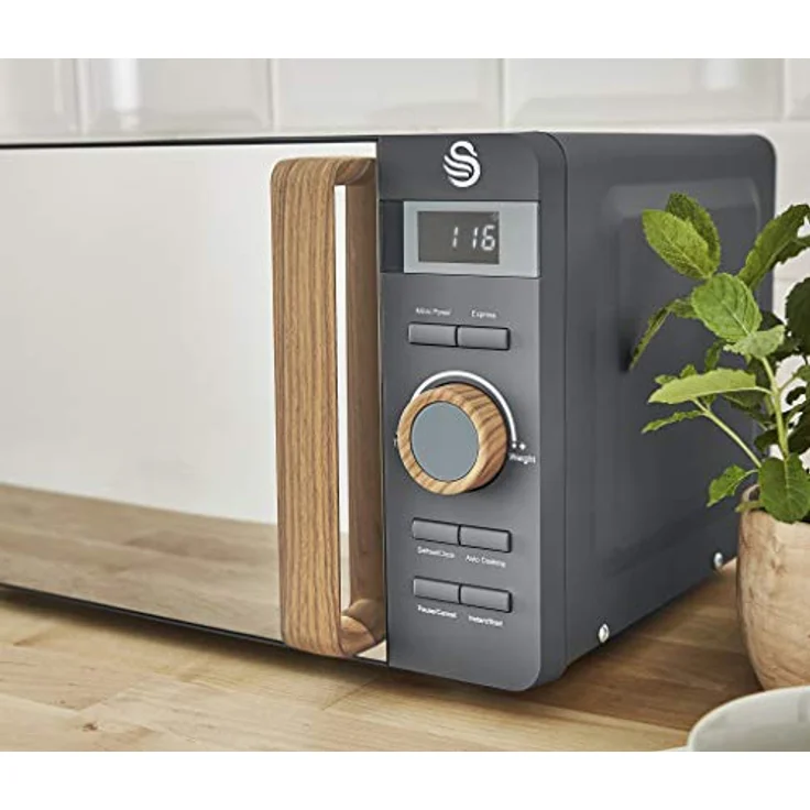 Swan Nordic Frühstücksset, Wasserkocher, 1,7 l, 2200 W, Breitschlitz-Toaster, 2 Scheiben, digitale Mikrowelle 20 l, modernes Design, Holzoptik, grau – Bild 13
