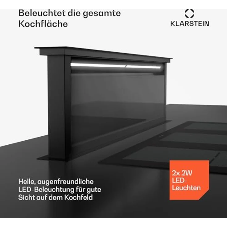 Klarstein Royal Flush Eco Downdraft Dunstabzugshaube, A++ Energieeffizienz, 842 m³/h, leise 70 dB, Touch-Bedienfeld, LED-Beleuchtung, Umluftbetrieb, Schwarz – Bild 4