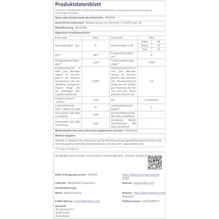 Medion MD 37496 Tischgeschirrspüler, silber, 6 Maßgedecke, Energieklasse D, AquaStop, kompakt, 6,5L Wasserverbrauch, 43,8cm hoch – Bild 10
