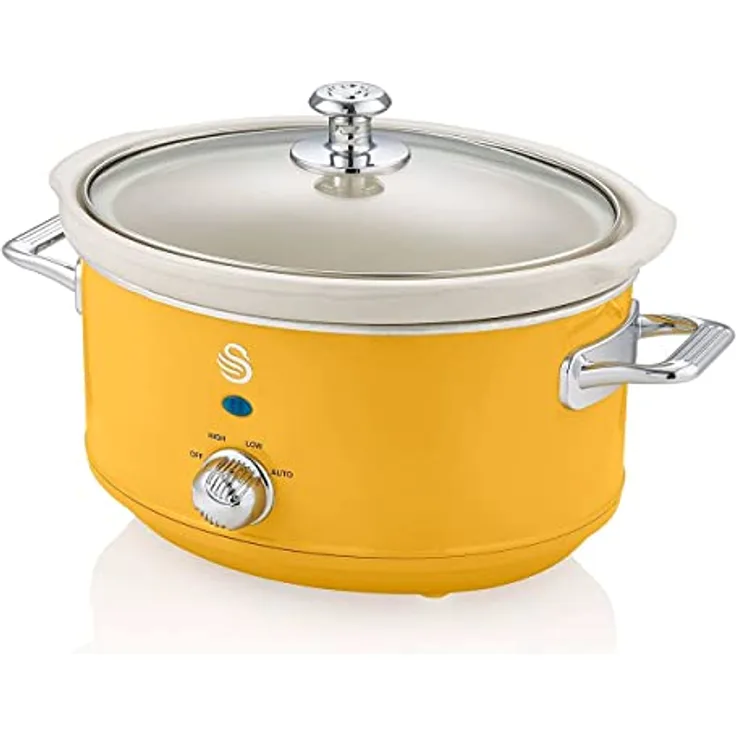Swan Retro SF17021YELNEU Slow Cooker 3,5L Abnehmbarer Kochbehälter, PFOA- und PTFE-freier Keramischer Antihaft-Behälter, 3 Temperaturstufen, Glasdeckel, Vintage-Design, Gelb, 200W
