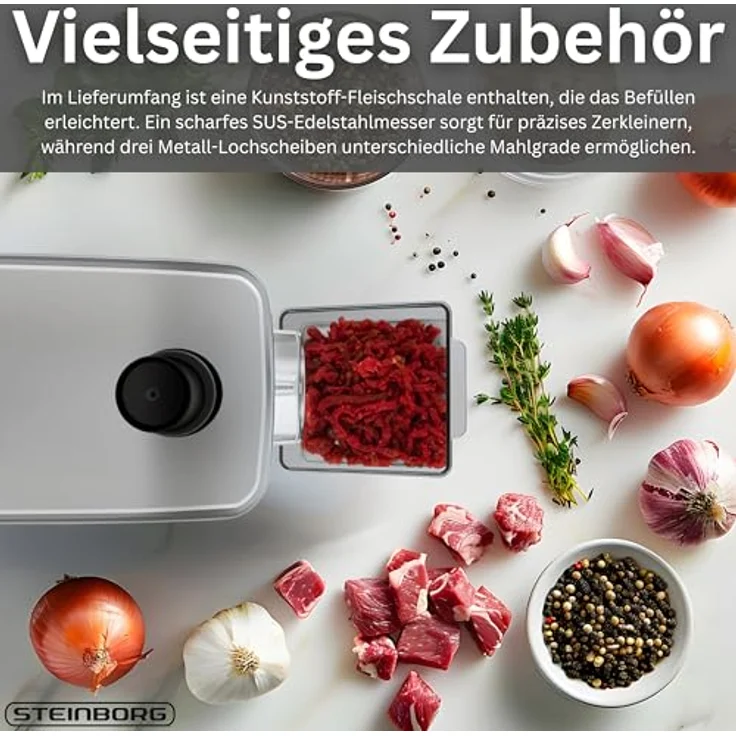 STEINBORG Fleischwolf SB-7080, elektrischer Fleischwolf mit 2000W Leistung, Edelstahl-Komponenten, 2 Geschwindigkeitsstufen, Zubehör inklusive Wurst- und Kebbe-Aufsatz – Bild 7