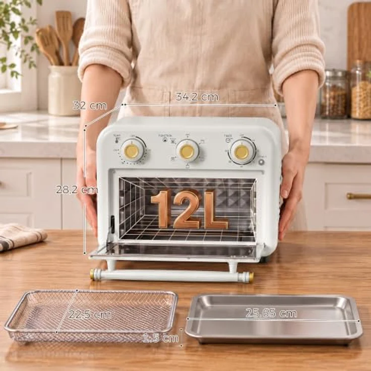 HOMCOM Minibackofen Heißluftfritteuse 2-in-1 mit 12 l und 1200 W, cremeweiß-gold, mit Backblech und Frittierkorb – Bild 9