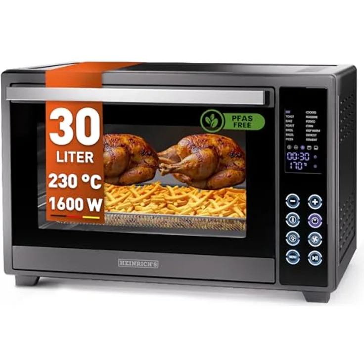 Heinrich´s Multibackofen, Minibackofen mit 30L Volumen, Umluft, 1600W, Touch-Bedienung, 8h Timer, Innenbeleuchtung, schwarz