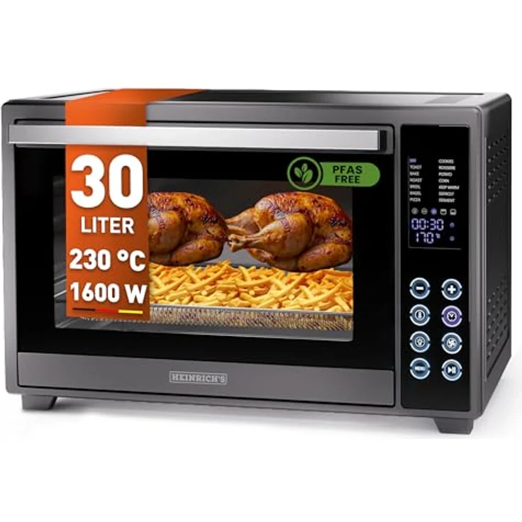Heinrich´s Multibackofen, Minibackofen mit 30L Volumen, Umluft, 1600W, Touch-Bedienung, 8h Timer, Innenbeleuchtung, schwarz – Bild 1