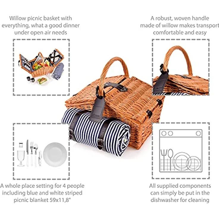 SÄNGER Picknickkorb Sylt (Set, 24 St., 4 Personen), inkl. Picknickdecke & Geschirr, Weidekorb mit integrierter Kühltasche, Porzellanteller & Kunststoffgläser – Bild 2
