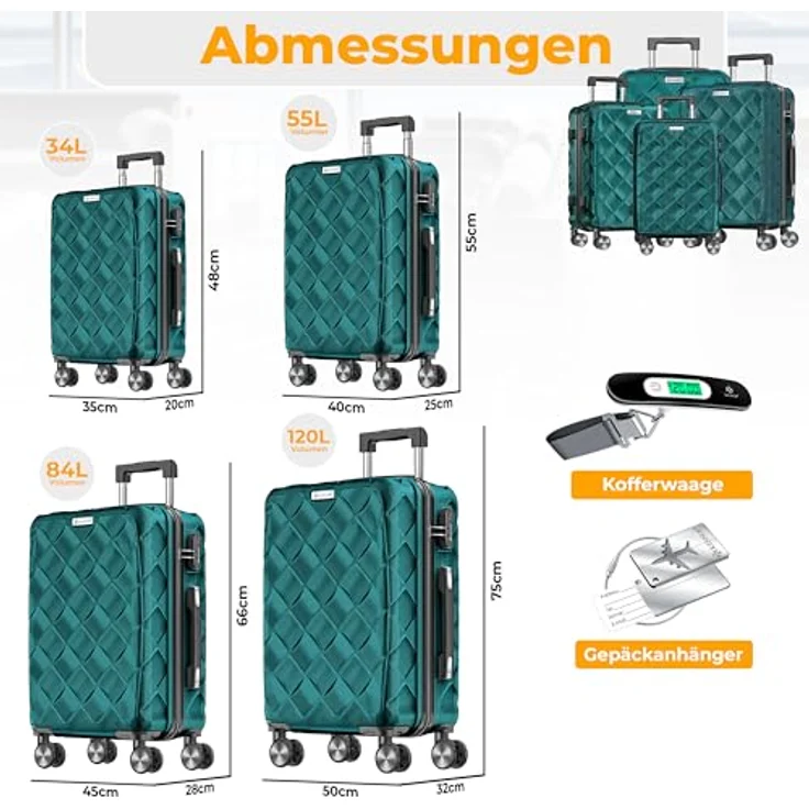 KESSER® Reisekoffer Set 4-teilig, ABS Hartschalenkoffer mit Zahlenschloss, 360° Rollen, Kofferwaage & Reisebrieftasche, Handgepäck & große Koffer, Petrol – Bild 2