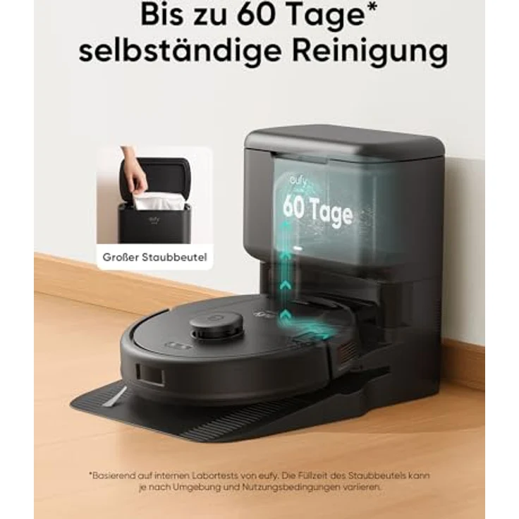 eufy L60 Saugroboter mit Absaugstation und Wischfunktion, 5.000Pa Saugkraft, Anti-Haar-Verwicklung, Absaugstation 60 Tage ohne Leeren, iPath-Laser-Navigation, für Hartböden, Google & Alexa – Bild 3