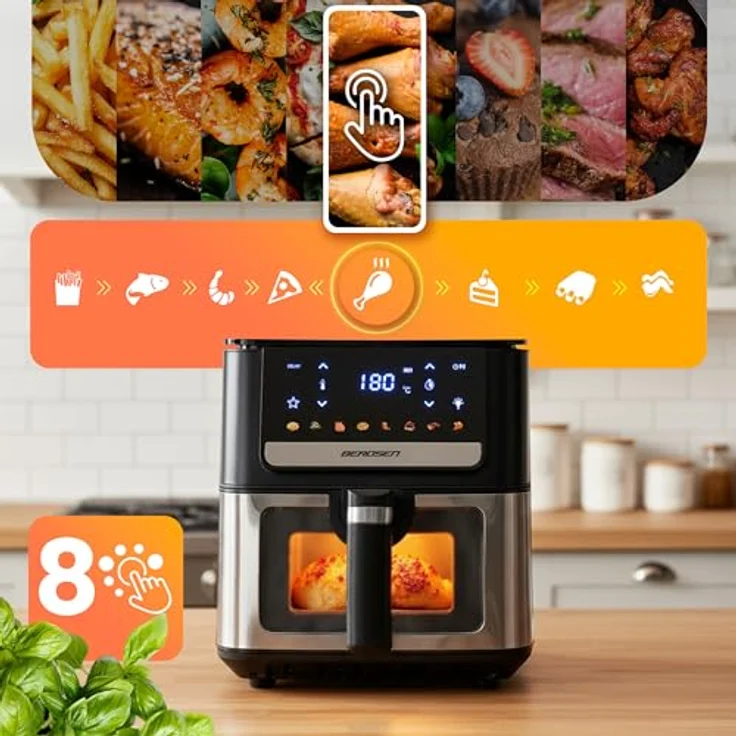 Berdsen Heißluftfritteuse XL 6,5L - Airfryer mit Sichtfenster, Touchscreen und 1700W - 8 automatische Programme - Spülmaschinengeeignet – Bild 5
