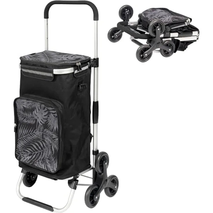 eluno Einkaufstrolley OKEL, Treppensteiger, klappbarer Handwagen, 2 Kühlfächer, Schwarz