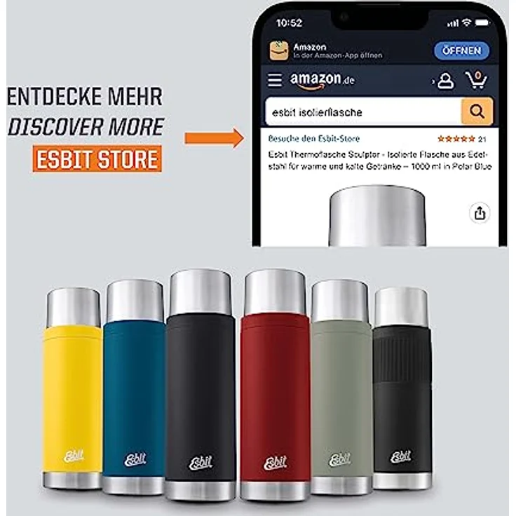 Esbit Isolierflasche Sculptor | Edelstahl | BPA-Frei | Schwarz | 1L & mehr | Reise, Büro, Picknick | Wasser, Tee, Kaffee – Bild 10