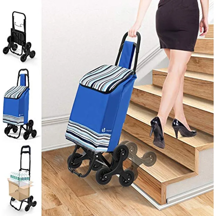 VOUNOT Einkaufstrolley Treppensteiger mit 3 Räder, Trolly Einkaufswagen Klappbar, Wasserdichter, 32L, Blau