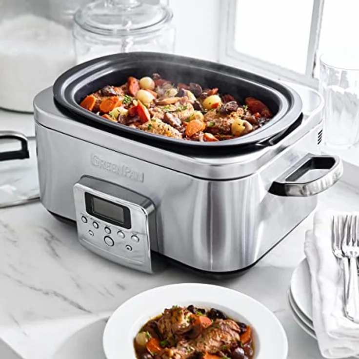 GreenPan Elite 8-in-1 programmierbarer 6L Slow Cooker Multikocher, spülmaschinenfester Deckel & Topf, gesunde keramische Antihaftbeschichtung zum Braten, Schmoren, mit Dampfgareinsatz, Edelstahl – Bild 3