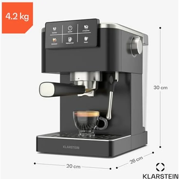 Klarstein SteelPresso Touch Siebträgermaschine – 20-Bar, 1350 W, Edelstahl, 1,5-L-Wassertank, Touch-Display, Integrierter Milchaufschäumer, Kompaktes Design, Kaffeemaschine – Bild 8