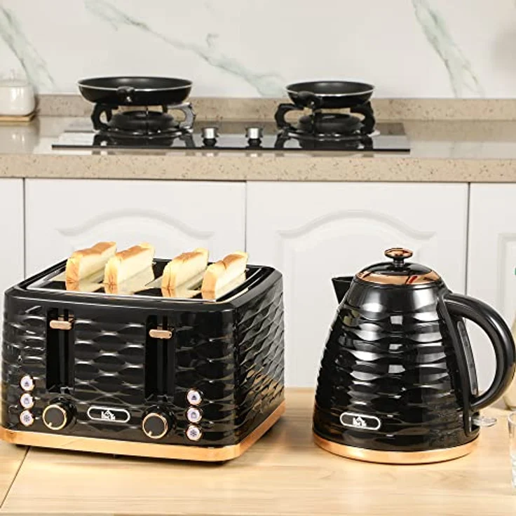 HOMCOM Toaster Frühstück-Set, 1,7L Wasserkocher und 4-Scheiben-Toaster, 2200 W, Auftau- und Aufwärmfunktion, Schwarz – Bild 2