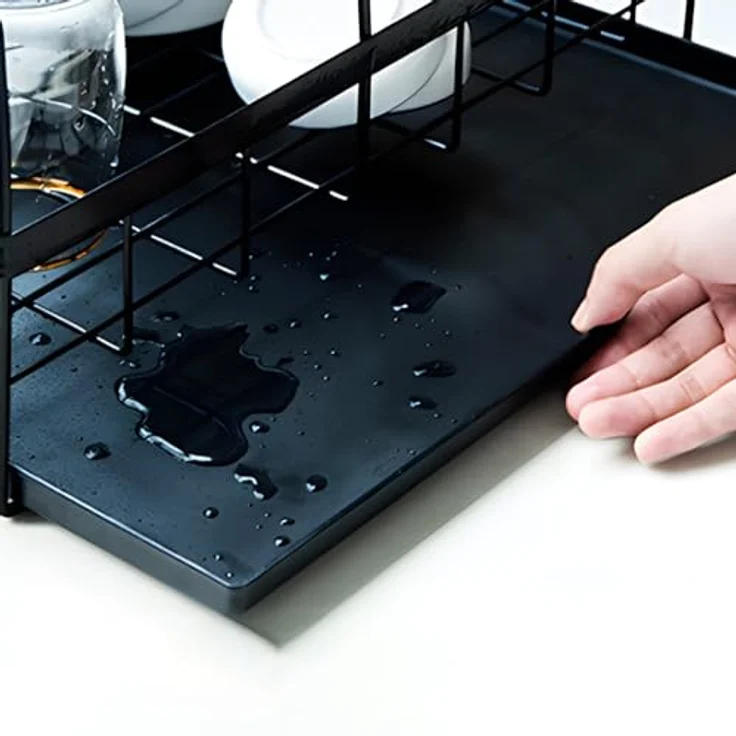 Retoo Abtropfgestell Einlagige Geschirr Abtropfständer, Geschirrabtropfer Drip mit Zwei Fächern, Tropfschale, Geschirrabtropfgestell, Abnehmbarem Besteckhalte, Besteckständer, 43×32,5×24cm Schwarz – Bild 5