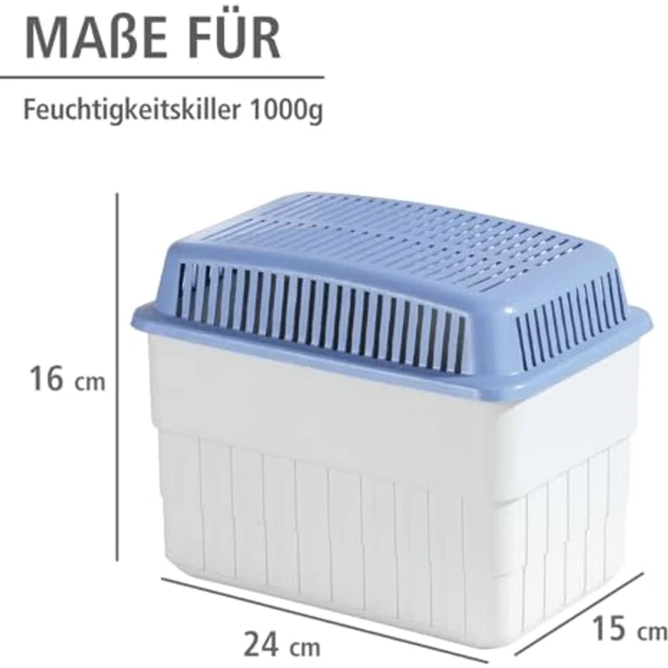 WENKO Feuchtigkeitskiller mit 1 kg Granulatblock, Raumentfeuchter, fasst bis zu 1,4 l Feuchtigkeit, laborgeprüft, nachfüllbar, reduziert Schimmel und Gerüche, Maße (BHT): 24x16x15 cm, grau-blau Luftentfeuchter – Bild 3