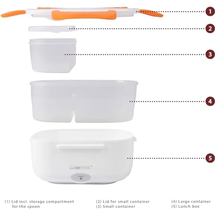 Clatronic LB 3719 elektrische Lunchbox, Erwärmen von Speisen bis zu 75°C, Volumen Circa 1.7 Liter, weiß-orange, Kunststoff – Bild 2