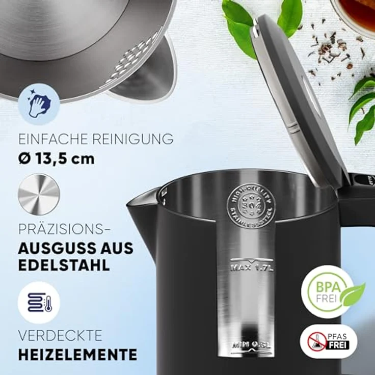 Stillstern Wasserkocher mit Temperatureinstellung [1,7L | 40-55-70-85-100°C], 12 Std. Warmhalten, Präzisionsausguss aus Edelstahl, Anti-Fingerprint, Schnelles Aufheizen [2200W], Leise, Stabiler Halt – Bild 5