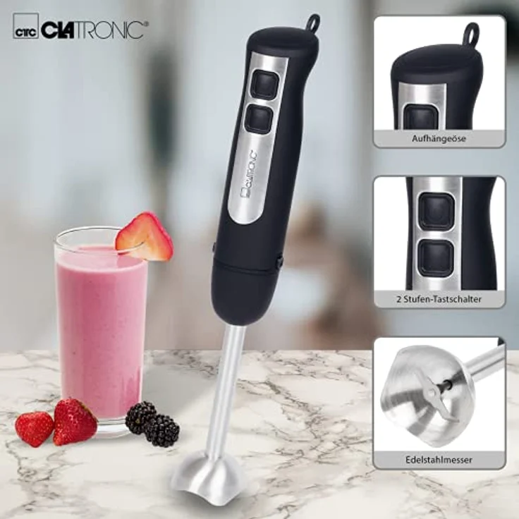 Clatronic SM 3739 Stabmixer mit ergonomisch geformtem Griff, kraftvoller 800 Watt-Motor, Abnehmbarer Edelstahlmixstab, Aufhängeöse, silber-schwarz – Bild 3