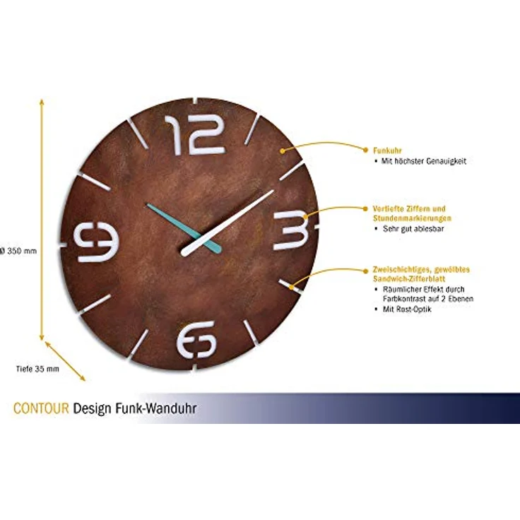 TFA Dostmann Analoge Funk-Wanduhr Contour, Funkuhr, Designuhr, Rost-Optik, Ø 350 x H 35 mm – Bild 2