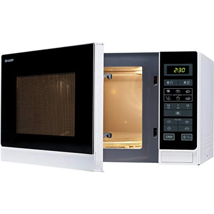 Sharp R342WW Mikrowelle, Standgerät, 25 Liter Garraum, 900 Watt, LED-Display, 8 Automatikprogramme, Timer, Gewichtgesteuertes Auftauen, Kindersicherung, Energiesparmodus, Glasdrehteller 31,5 cm, Weiß – Bild 3