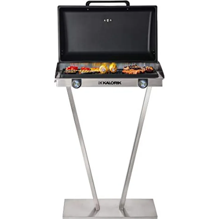 Kalorik TKG EBBQ 1002 L Elektrischer Edelstahl-Barbecue-Grill, Standgrill, XXL-Grillplatte, stufenlose Temperaturregelung, Thermometer, 2 Kochzonen, Silber/Schwarz, 2500 Watt