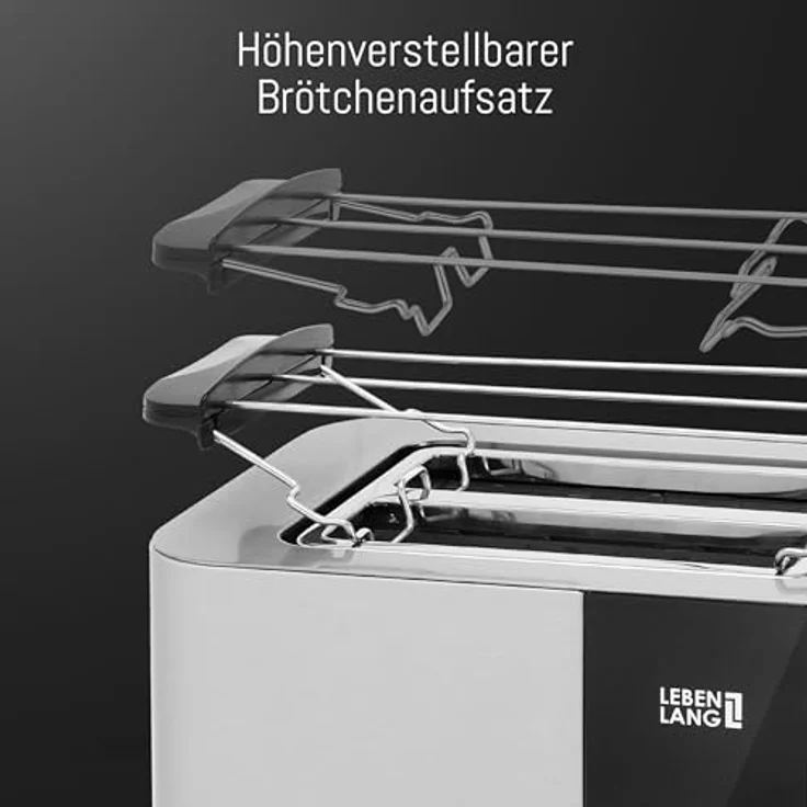 LEBENLANG Langschlitz Toaster 4 Scheiben Edelstahl Gebürstet mit Brötchenaufsatz, Touchscreen LED Display, 7 Bräunungsstufen, 1400W, für große Toastscheiben xxl LBL9899 – Bild 4