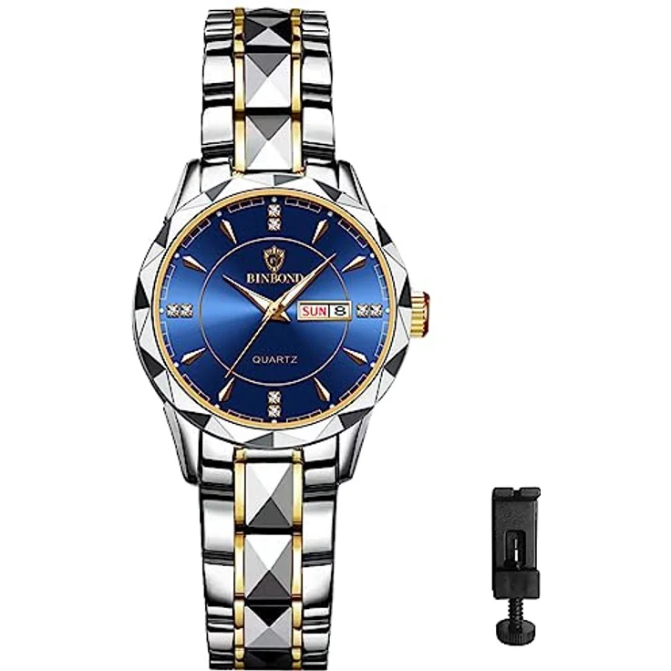 JewelryWe Damenuhr Edelstahl, Blau Analog Quarz Armbanduhr mit Datum, Woche Kalender und leuchtenden Zeigern, 30m wasserdicht – Bild 5