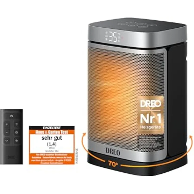 Dreo Atom One, 1500W Heizlüfter mit Thermostat, Oszillation und 12-Stunden-Timer, schwarz