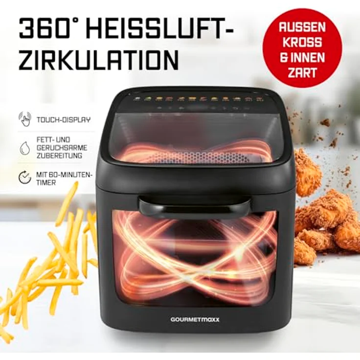 GOURMETmaxx Heißluftfritteuse Heißluftofen 1800 W, 12 Programme, 12,5 l, Panoramadach & Frontfenster, Fettauffangschale – Bild 6