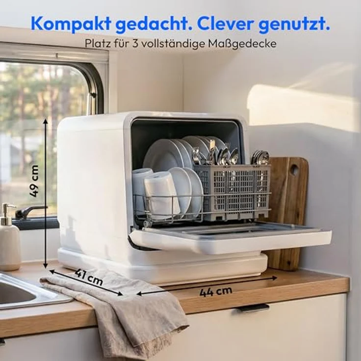 MEDION Mini Geschirrspüler DWT30, freistehend, 3 Maßgedecke, Tischgeschirrspüler mit/ohne Wasseranschluss, 6 Programme, UV-Licht, Lüfter-Trocknung, Touch-Display, weiß, MD370022 – Bild 2