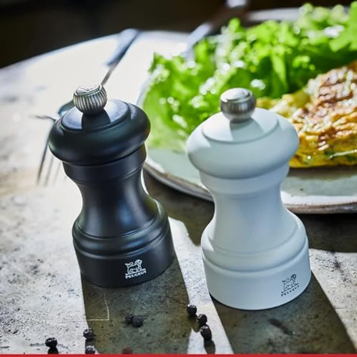 PEUGEOT Gewürzmühle Bistro Duo PM+SM, 10cm, mattschwarz und mattweiß, aus Buchenholz mit regulierbarem Mahlwerk für Salz und Pfeffer – Bild 2