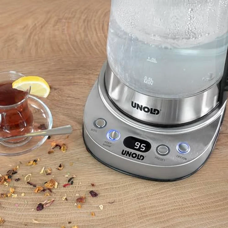 Unold Samowar Selin, 2in1 Wasser-/Teekocher mit 1,7 L Volumen, stufenweise Temperatureinstellung 92–100 °C, Edelstahl und Borosilikatglas – Bild 5
