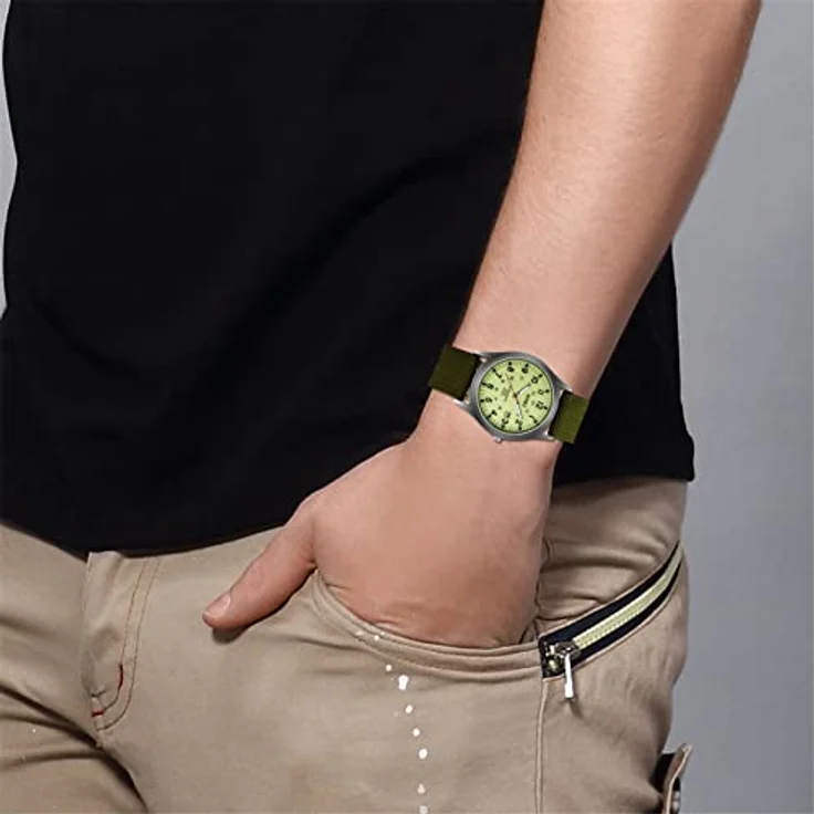 JewelryWe Uhren Herren Nylon Militär, 12/24H Datum Kalender Analog Quarz Armbanduhr mit leuchtenden Zeigern und grünem Nylonarmband – Bild 2