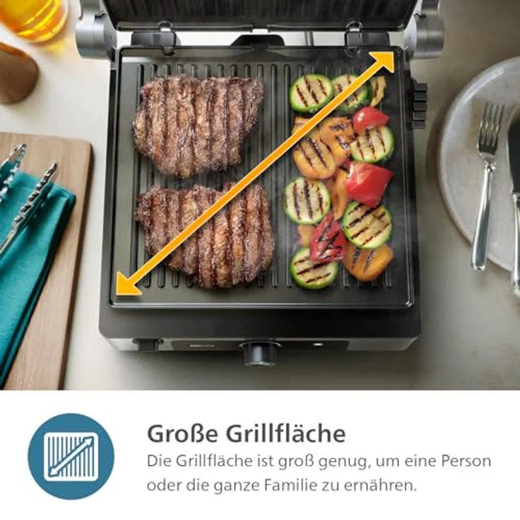 Philips Kontaktgrill HD6301/90 - Einstellbare Temperatur 60°C-200°C, 180° aufklappbar, große Grillfläche und High Power-Leistung, abnehmbare Antihaft-Platten und Fettauffangschale – Bild 5