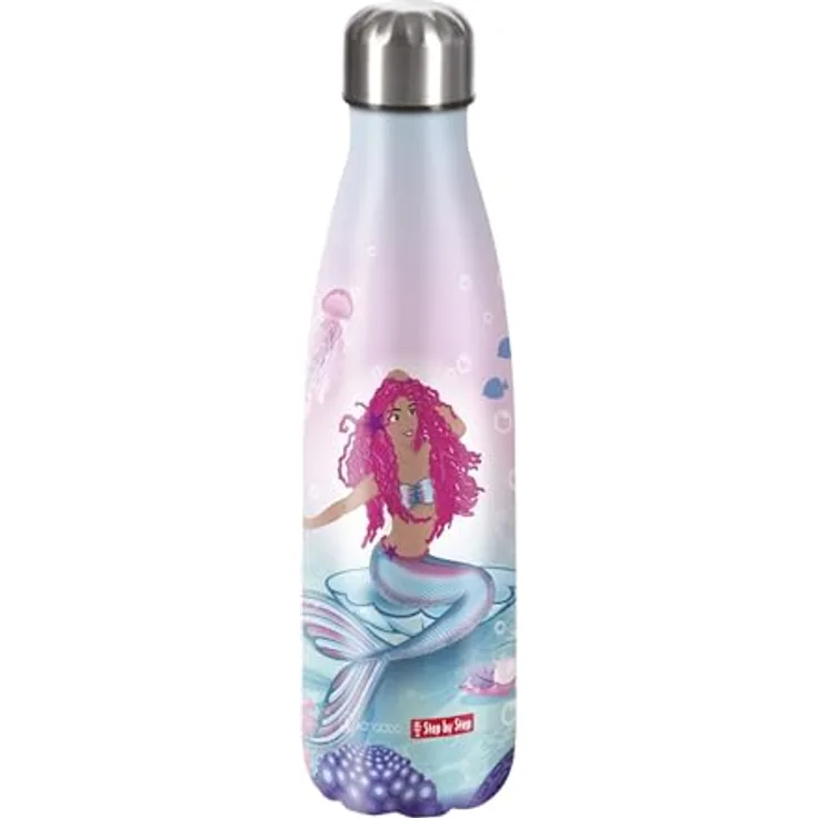 Step by Step Isolierte Edelstahltrinkflasche „Mermaid Lola rosa - blau, Meerjungfrau, für kohlensäurehaltige Getränke, auslaufsicher, Schraubverschluss, 100% recycelbar, Schule & Freizeit, 0,5 L
