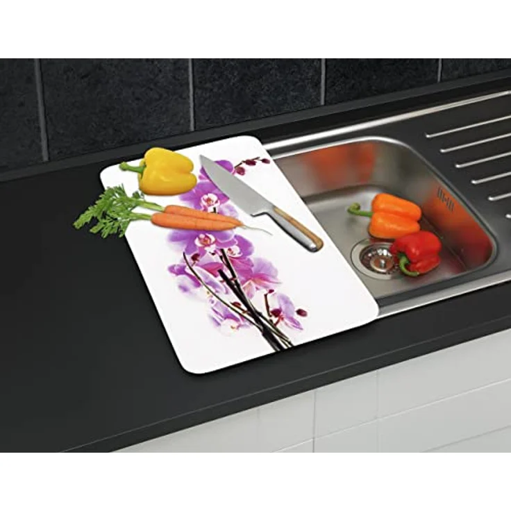 Wenko 2521433500 Herdabdeckplatte Universal Orchideenblüte - 2er Set, für alle Herdarten, Gehärtetes Glas, 30 x 1.8-4.5 x 52 cm, Mehrfarbig – Bild 4