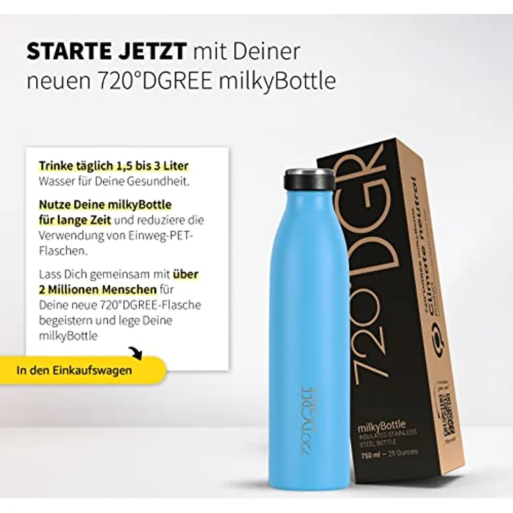 720°DGREE Trinkflasche Edelstahl Doppelwandig 750ml Isolierflasche milkyBottle sky blue matt – Bild 6