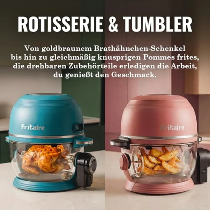 Fritaire Carbon8, Heißluftfritteuse mit selbstreinigender Glasschüssel und 6 One-Touch-Kochfunktionen, inklusive Drehspieß und Zubehör – Bild 3