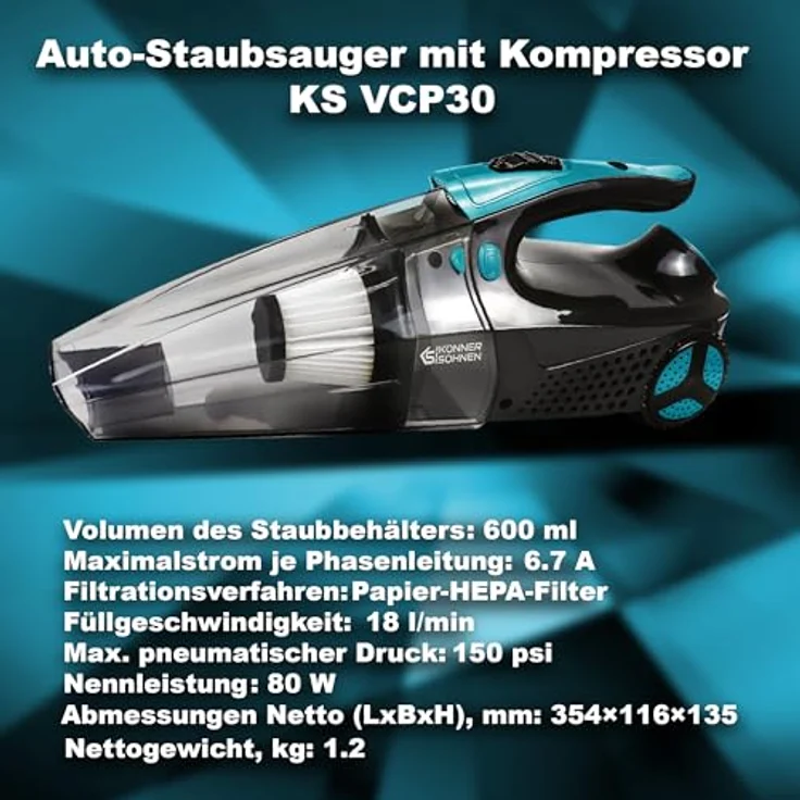 Könner & Söhnen Handstaubsauger KS VCP30, transparenter Staubbehälter 600 ml, HEPA-Filter, 3000 Pa Saugkraft, inkl. Kompressor und LED-Leuchte – Bild 3